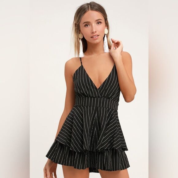 Lulus Ruffle and Flow Black Striped Backless straps Ruffle Romper Sz M - Picture 1 of 16
